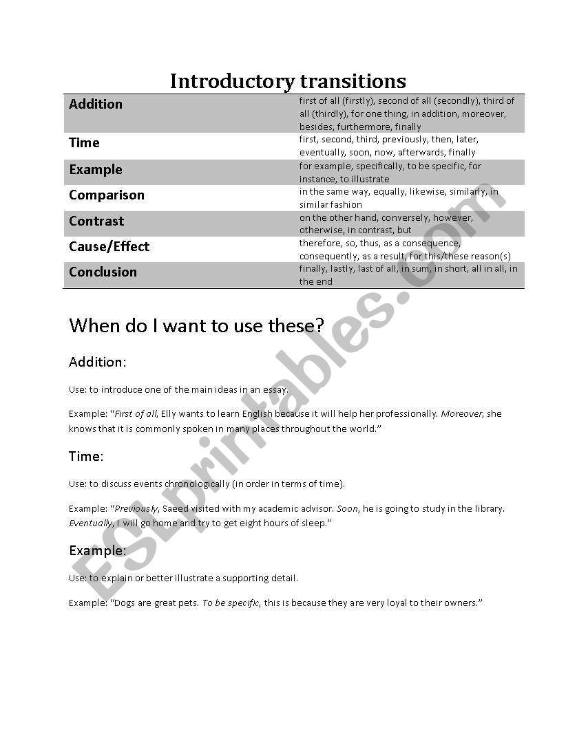 Introductory transitions worksheet