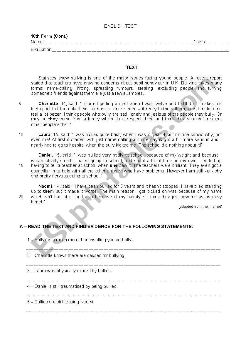 Bullying worksheet