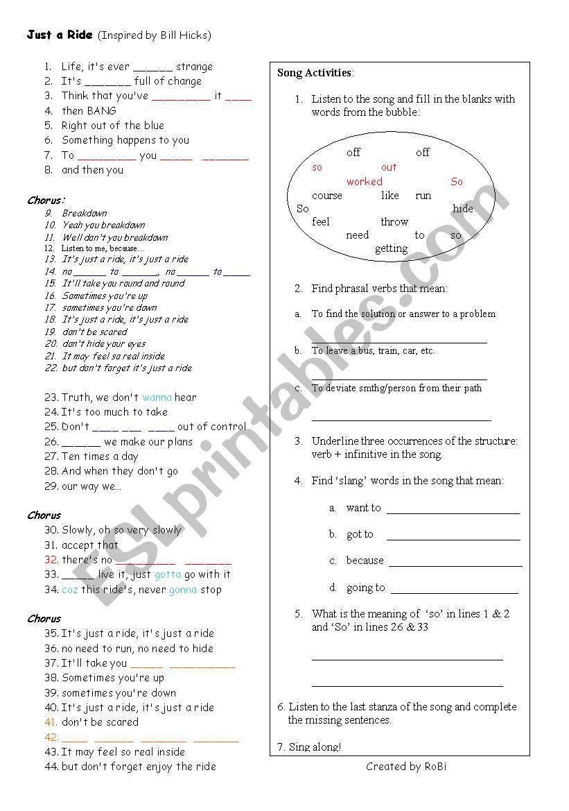 Just a Ride worksheet