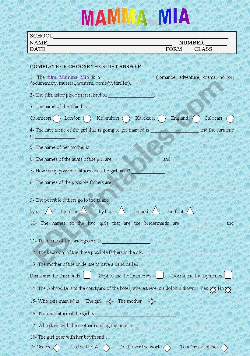 THE FILM MAMMA MIA worksheet