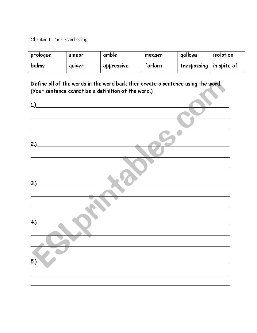 Tuck Everlasting Chapter I worksheet