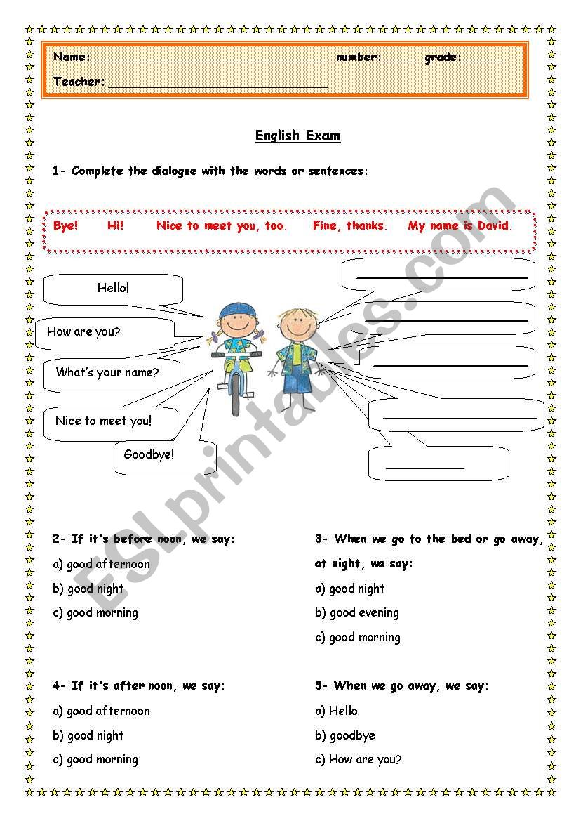 English Exam worksheet