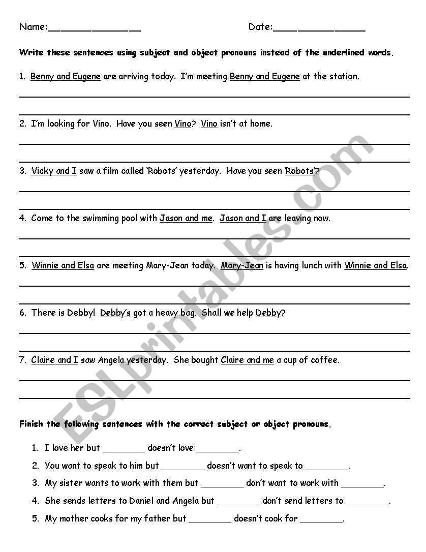 Subject and Object Pronouns worksheet