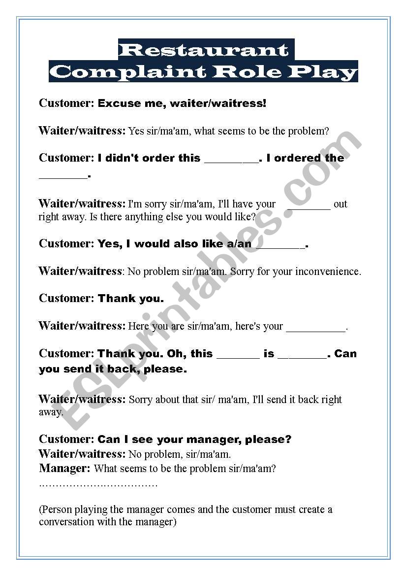 Restaurant Complaint roleplay worksheet