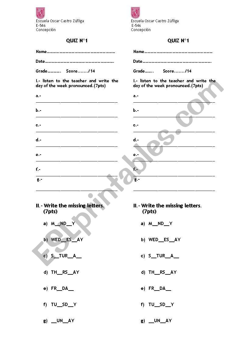 DAYS OF THE WEEK worksheet