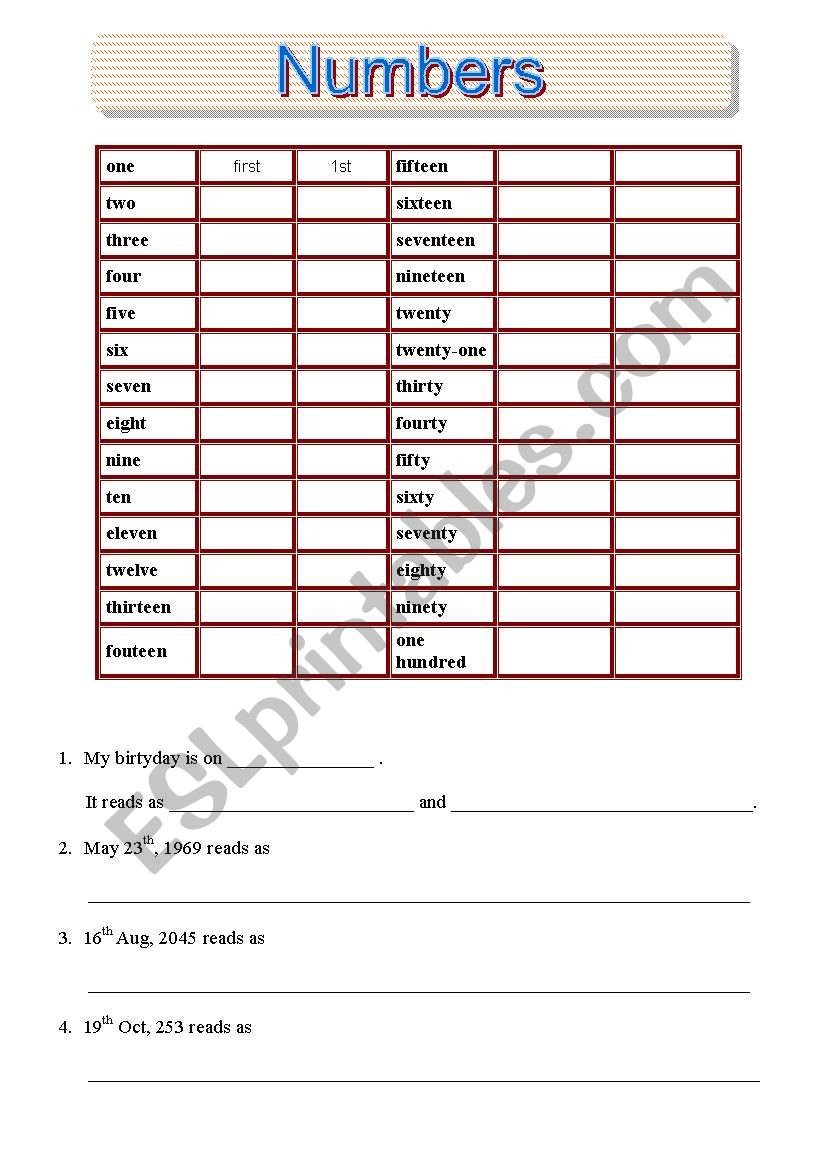 numbers worksheet