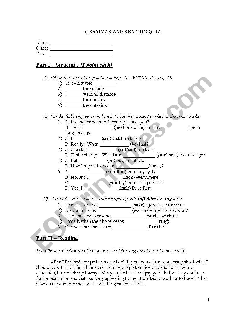 GRAMMAR AND READING QUIZ worksheet