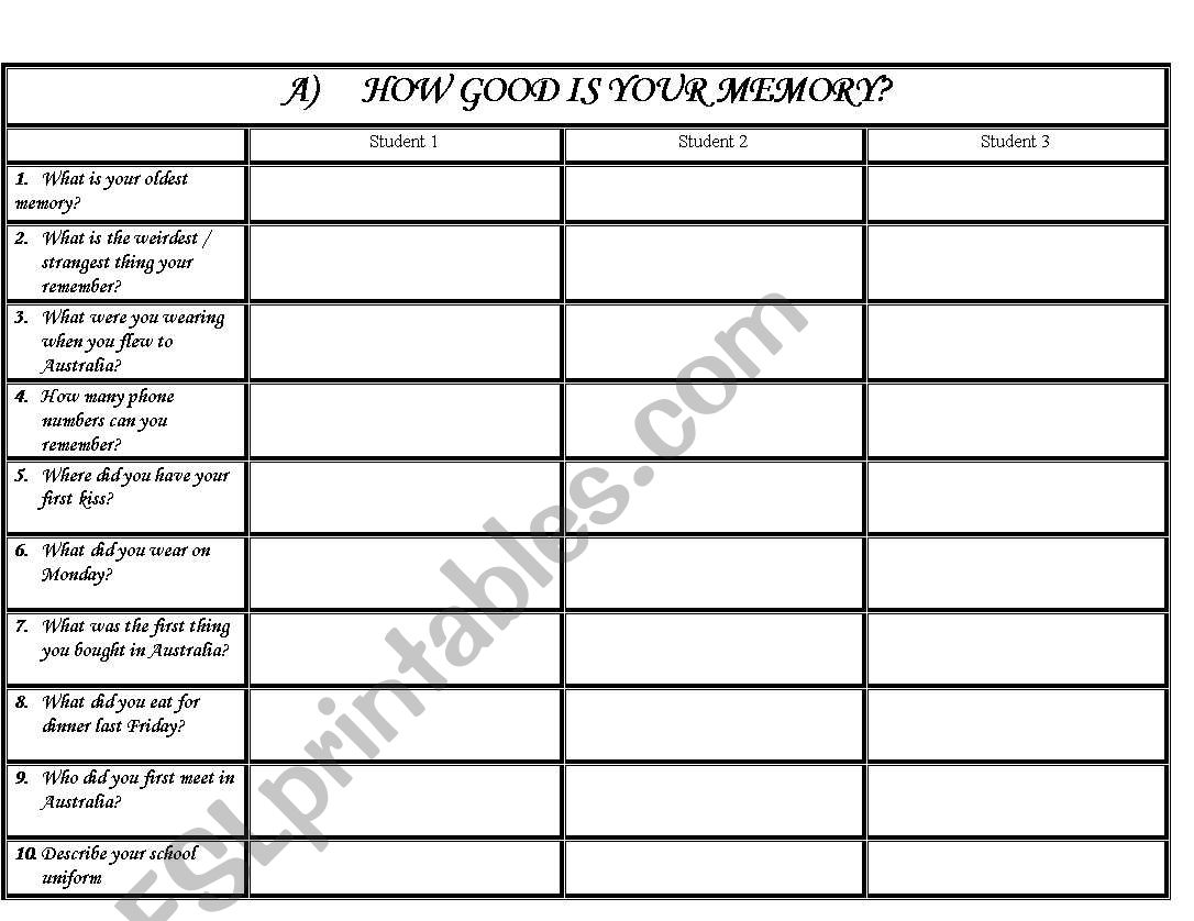 memory survey worksheet