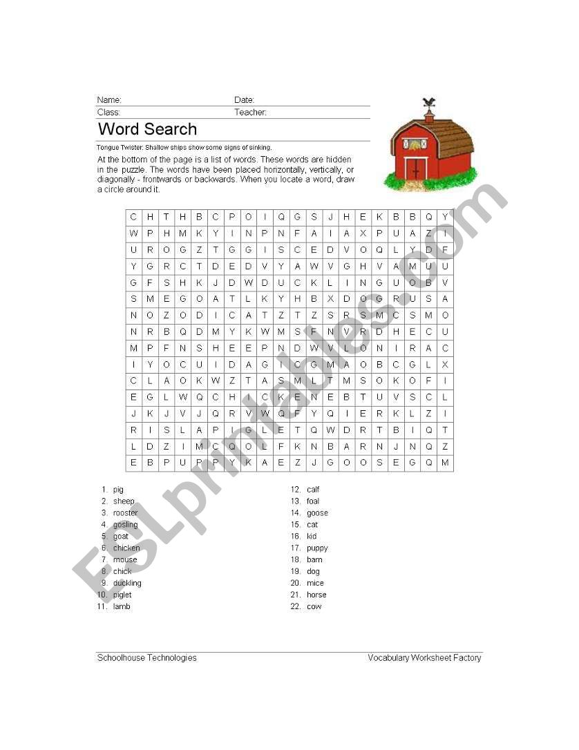 Farm Animal Word search over 20 words
