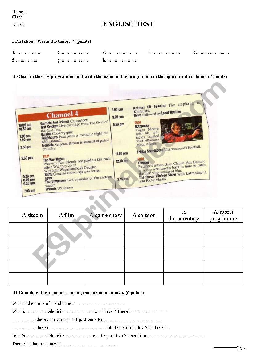Time and whats on TV worksheet
