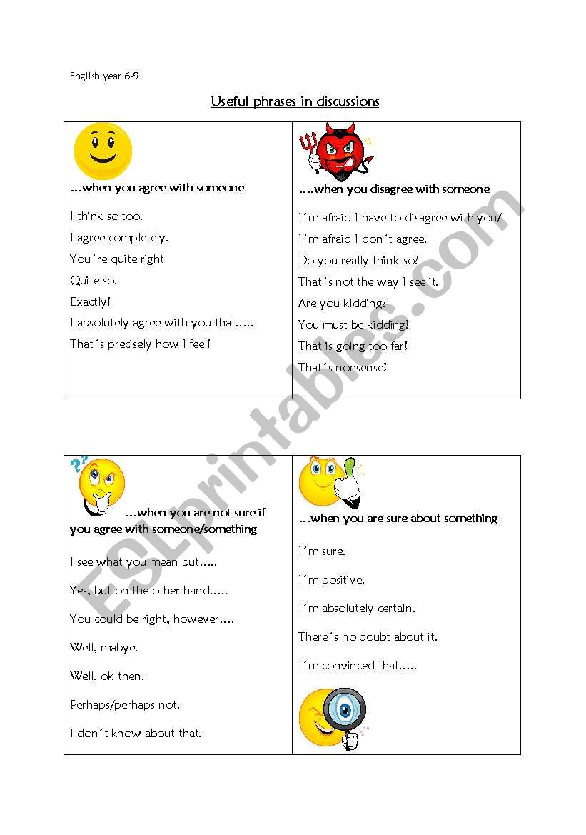 Useful phrases in discussions worksheet