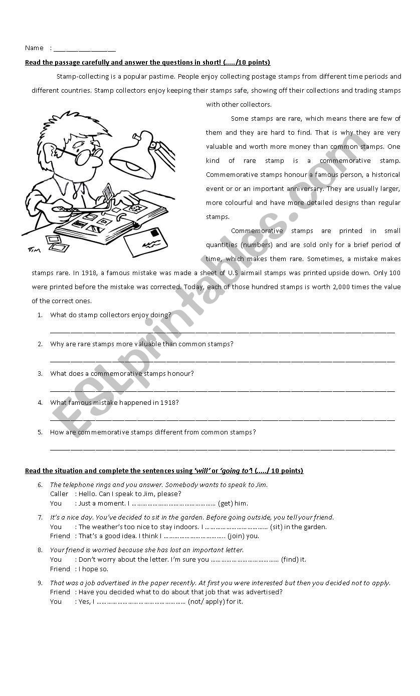 Reading Comprehension (Stamp Collector) and Future Tense