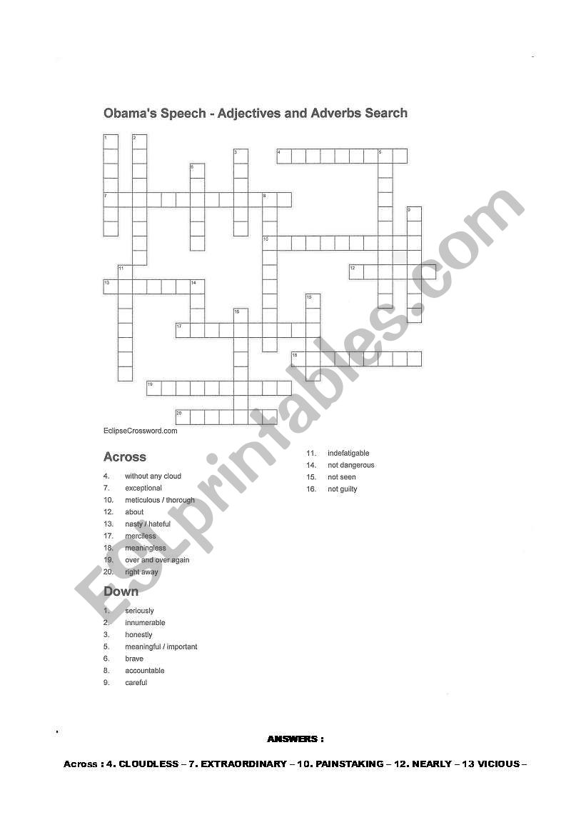 Crosswords - Adjectives and Adverbs in Obama�s Speech