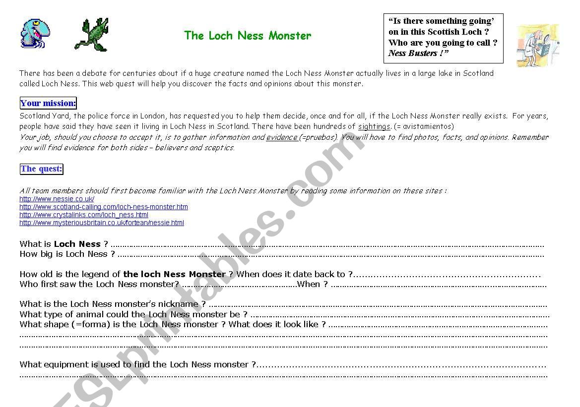 Loch Ness Monster Webquest worksheet