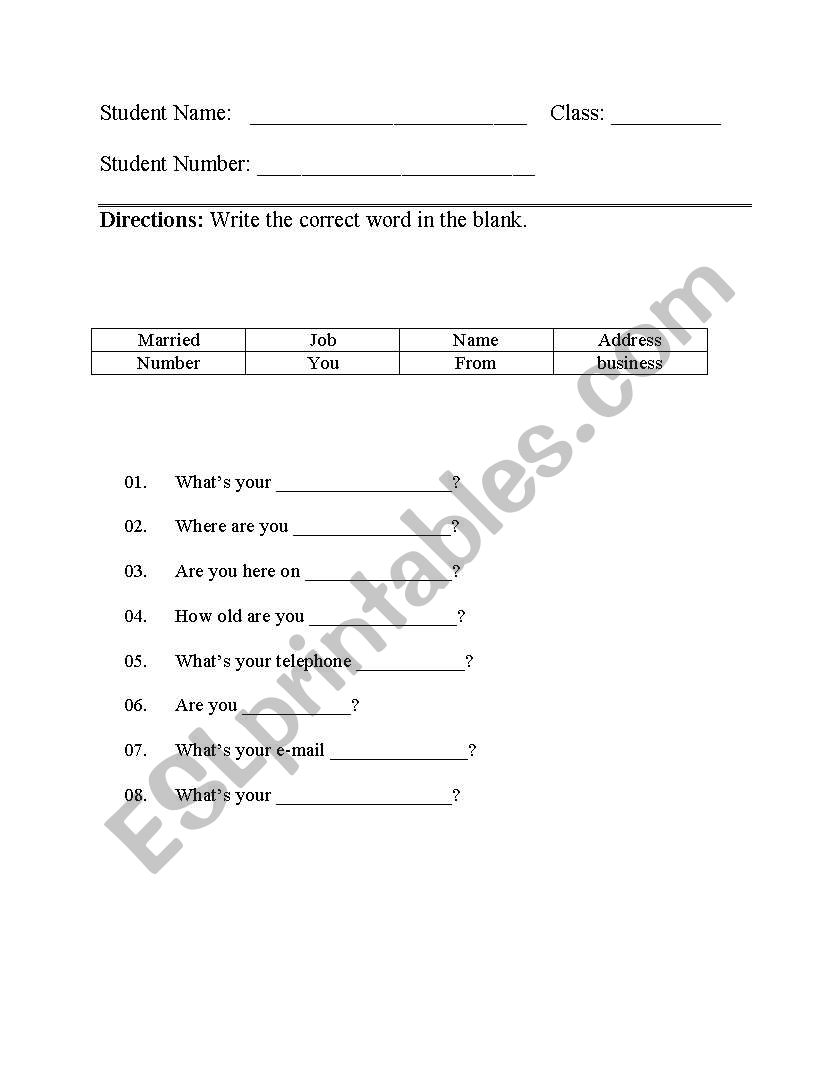 Personal Questions worksheet