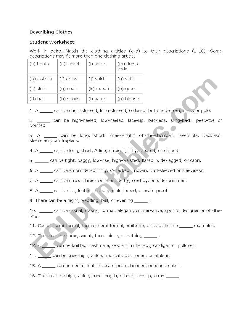 Describing Clothes worksheet