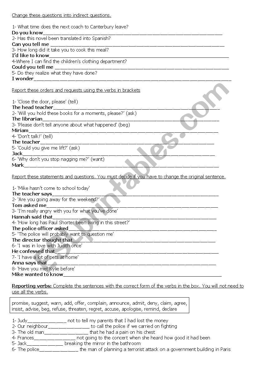 Reported Speech worksheet