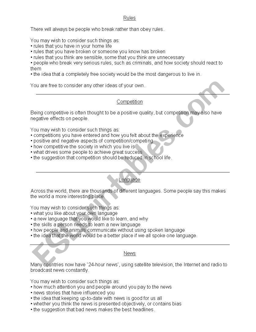 ESL IGCSE Speaking Topic Cards