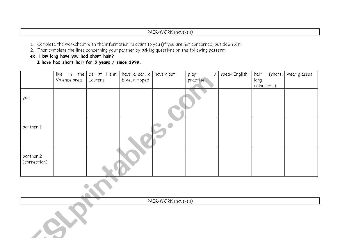 Pair work Have-en worksheet