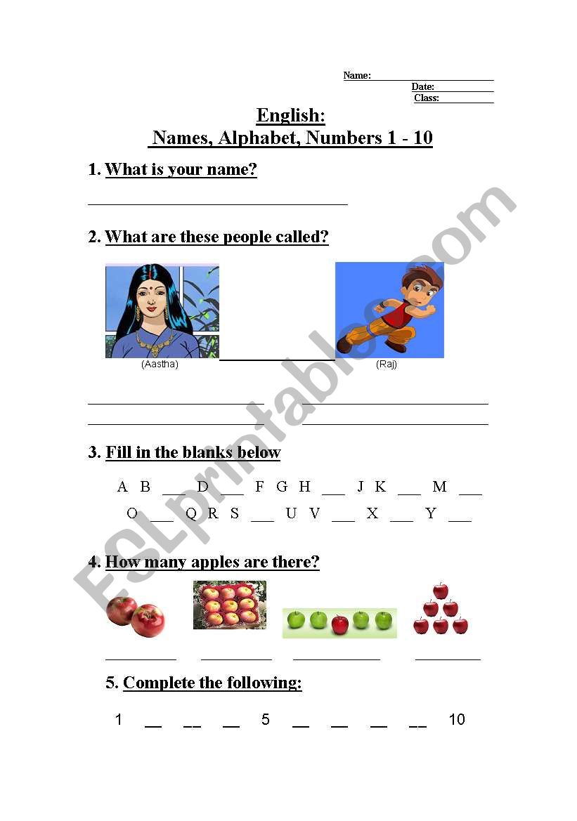 Name, Alphabet & numbers 1 - 10  test sheet