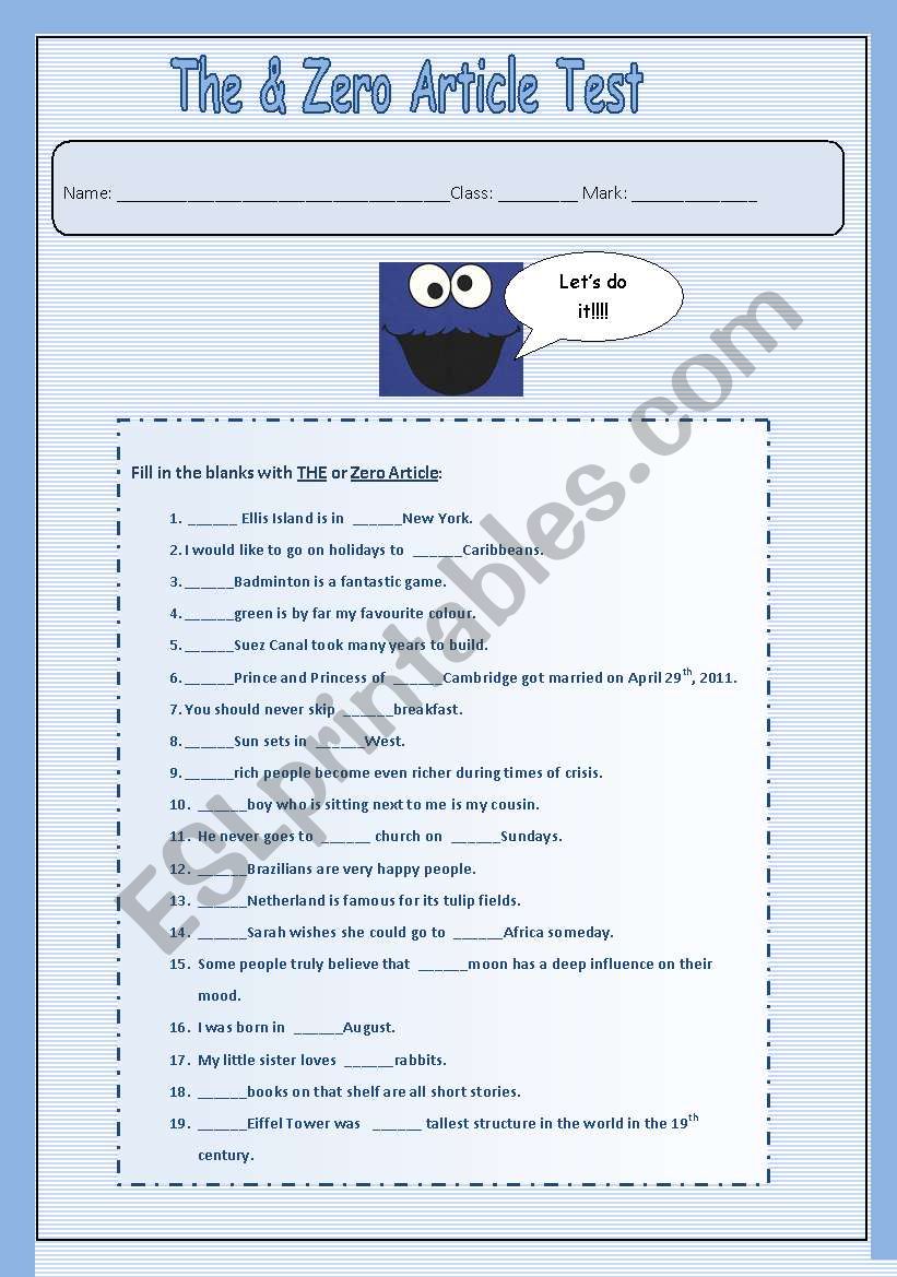 The & Zero Article Test worksheet