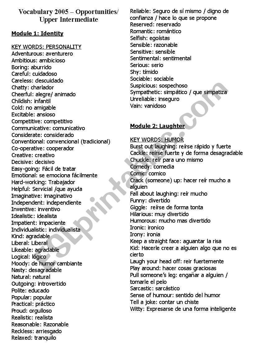 Vocabulary worksheet