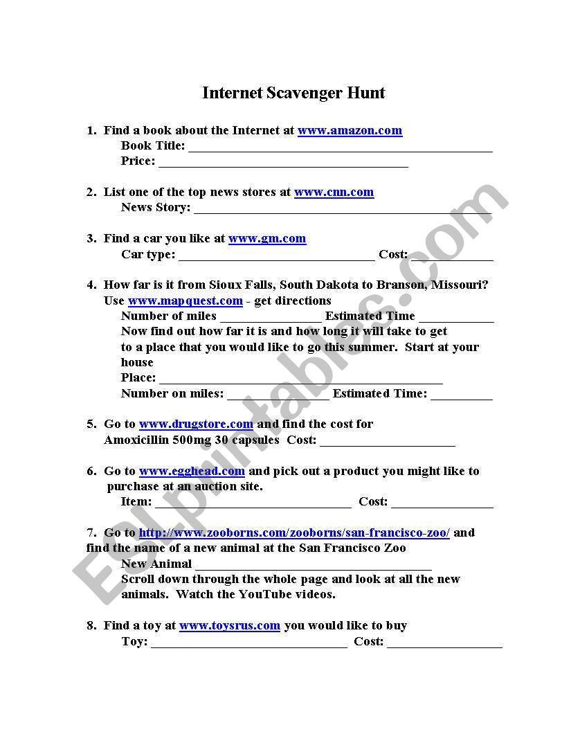 English worksheets: Internet Scavenger Hunt Inside Internet Scavenger Hunt Worksheet