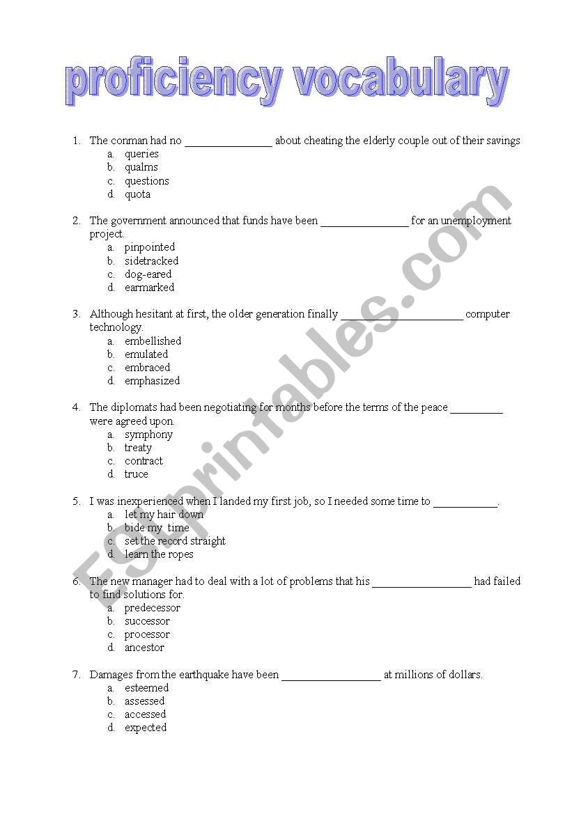 proficiency vocabulary worksheet