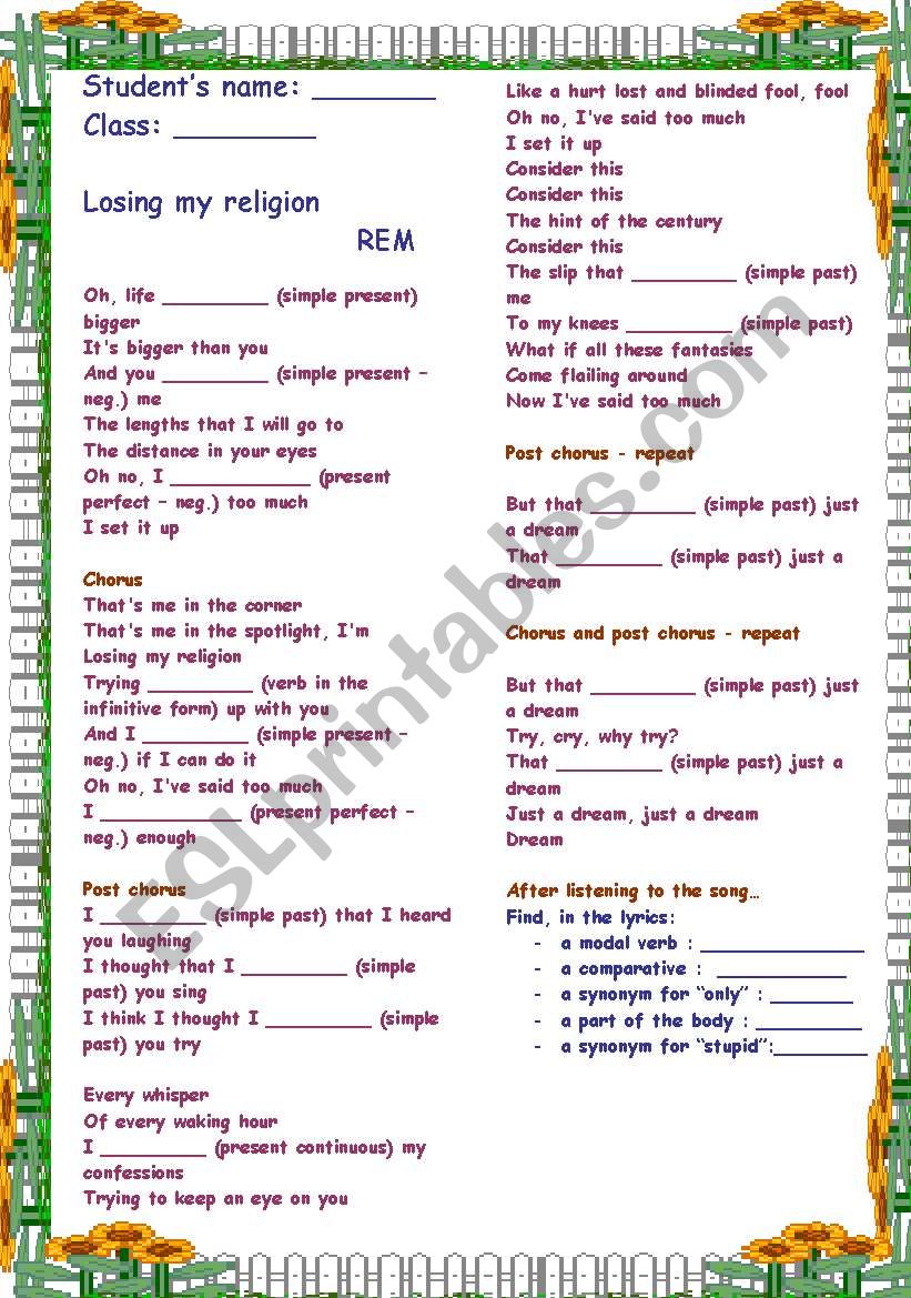 Working with verb tenses - Song : Losing my religion (REM) - With B&W copy and answer key