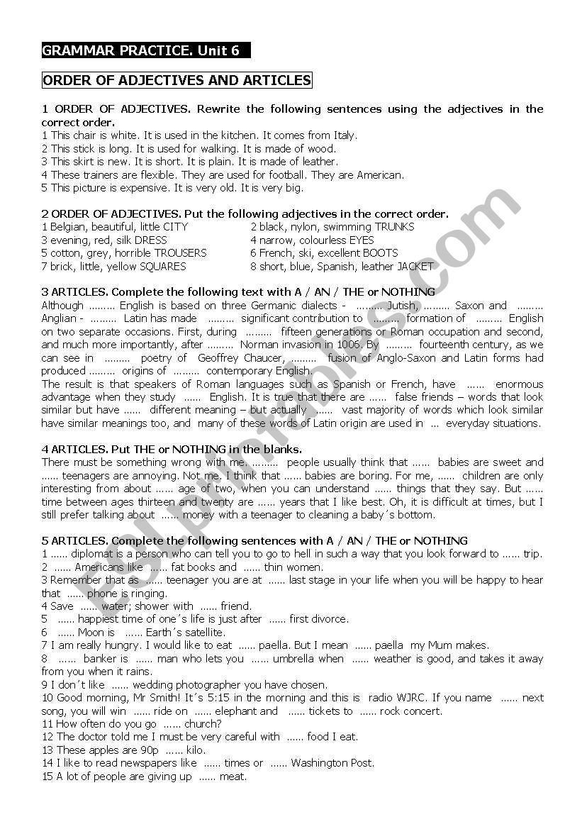 ARTICLES AND ADJECTIVE ORDER worksheet