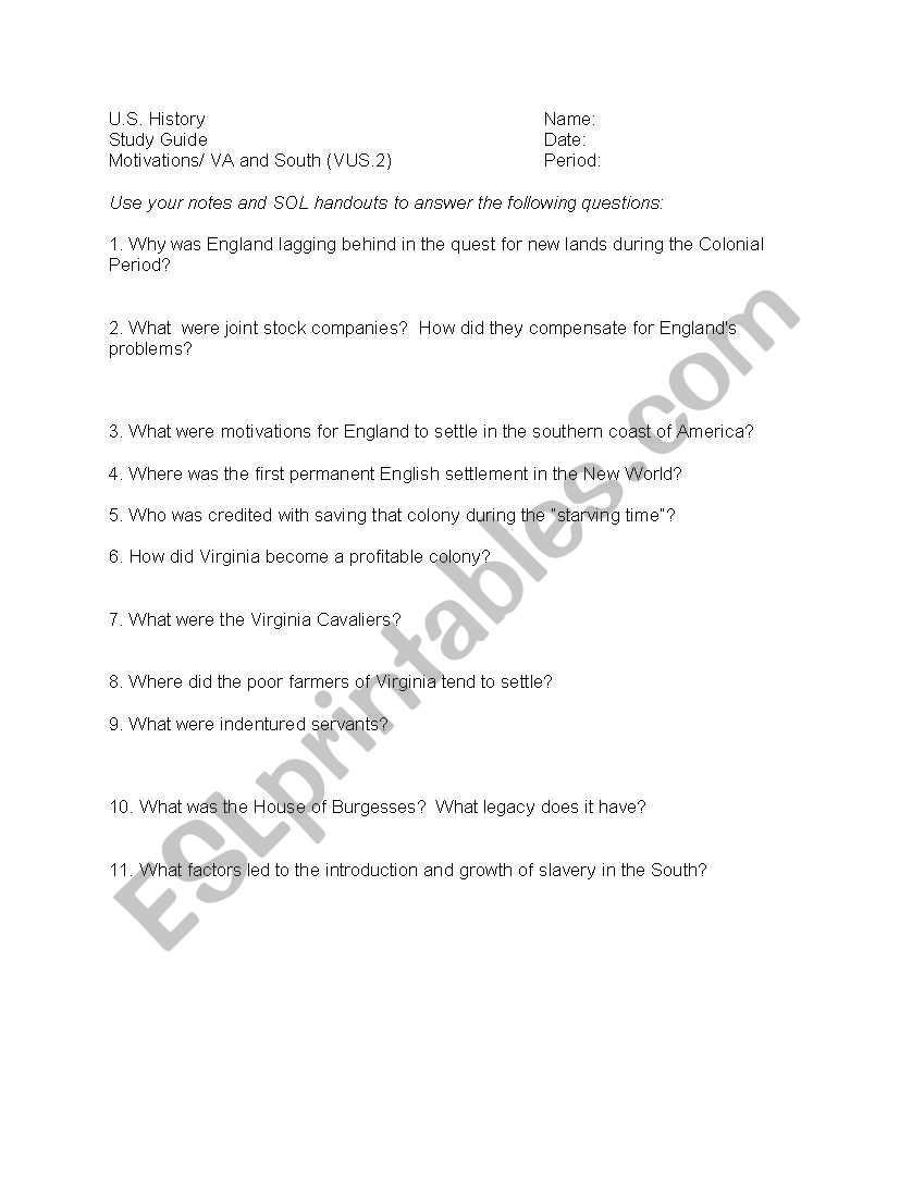 Southern Colonies Motivation worksheet