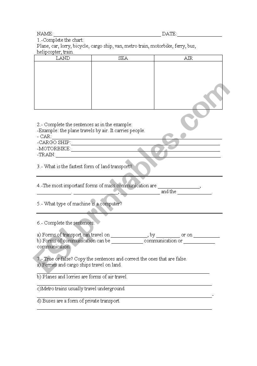 EXAM ON MEANS OF TRANSPORT worksheet