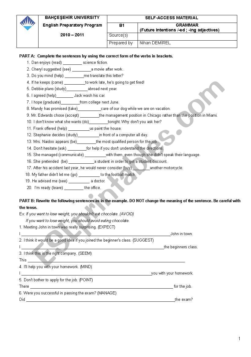 Gerund & Infinitive worksheet