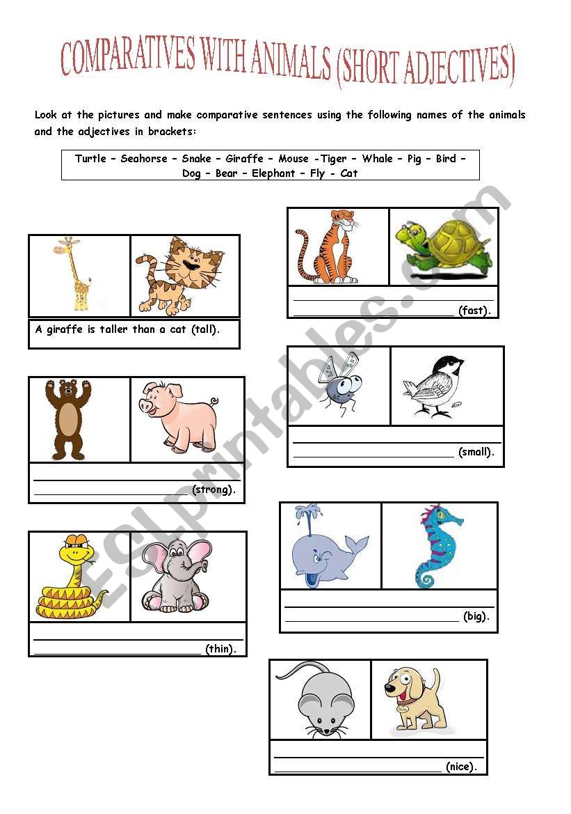 COMPARATIVES WITH ANIMALS short Adjectives ESL Worksheet By L4ur4