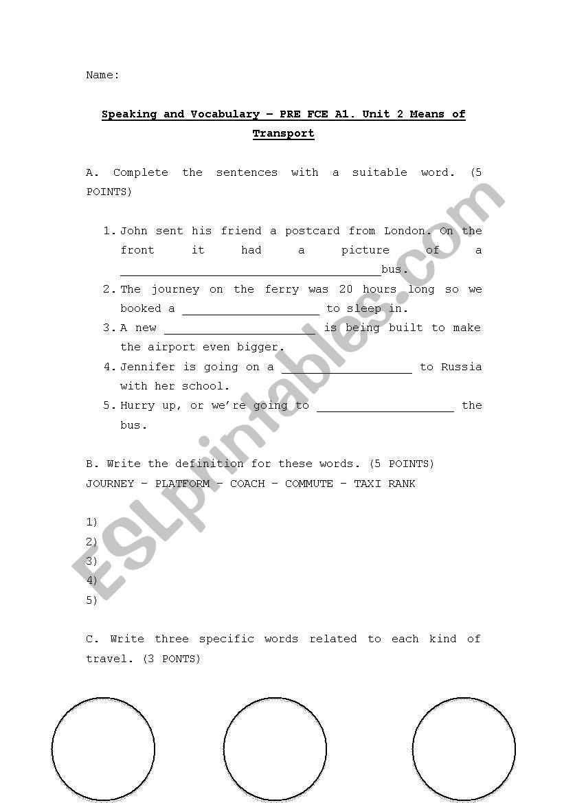 Vocabulary Test - Means of transport