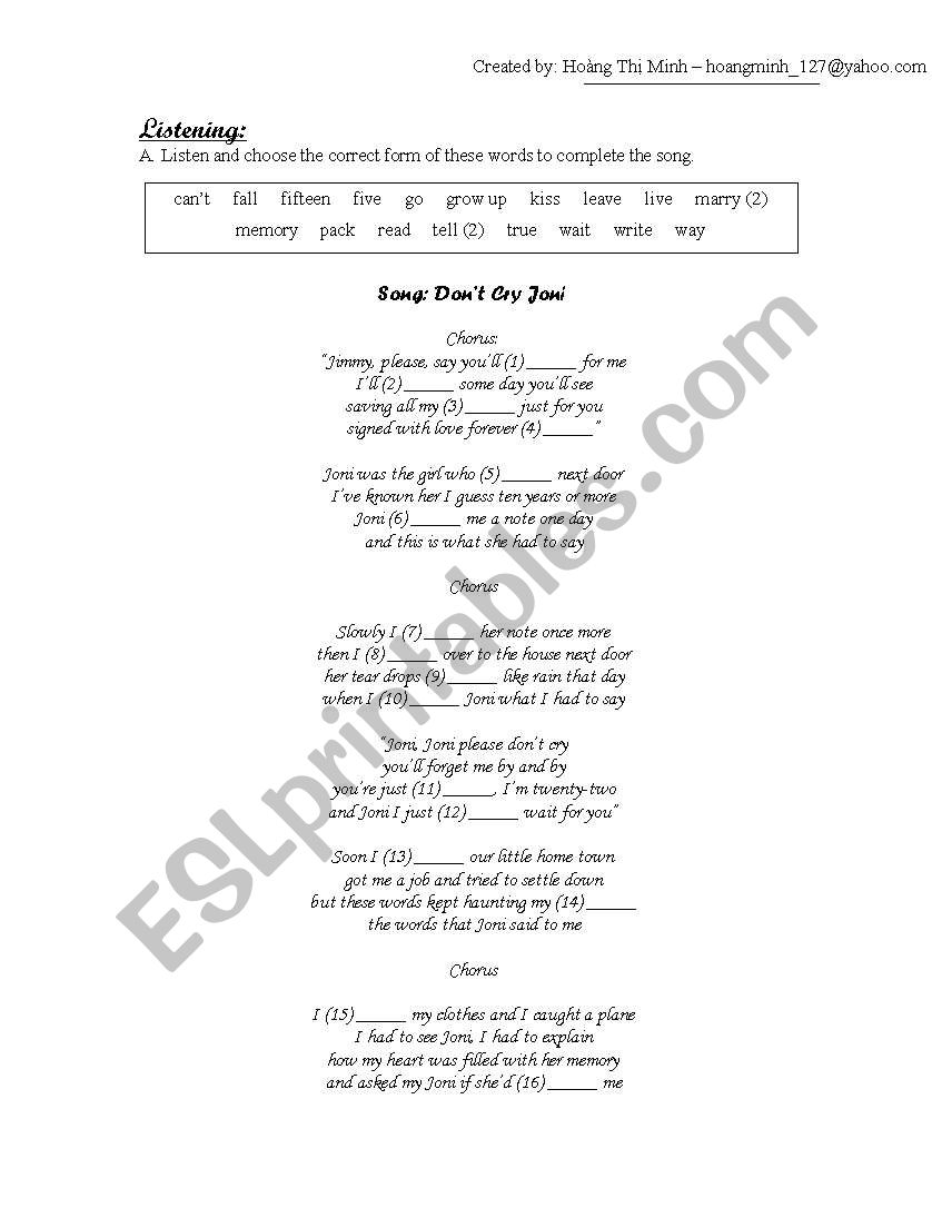 Song: Dont cry Jonni worksheet