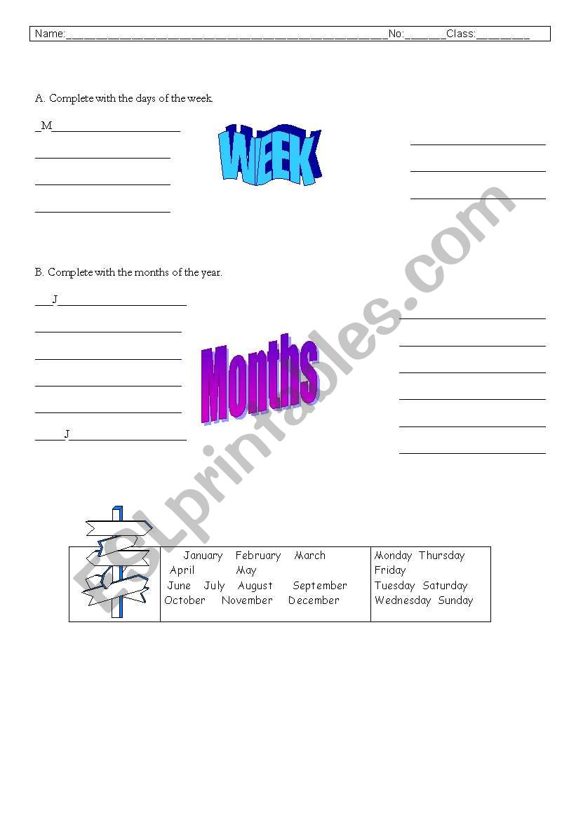 DAYS OF THE WEEK AND MONTHS worksheet