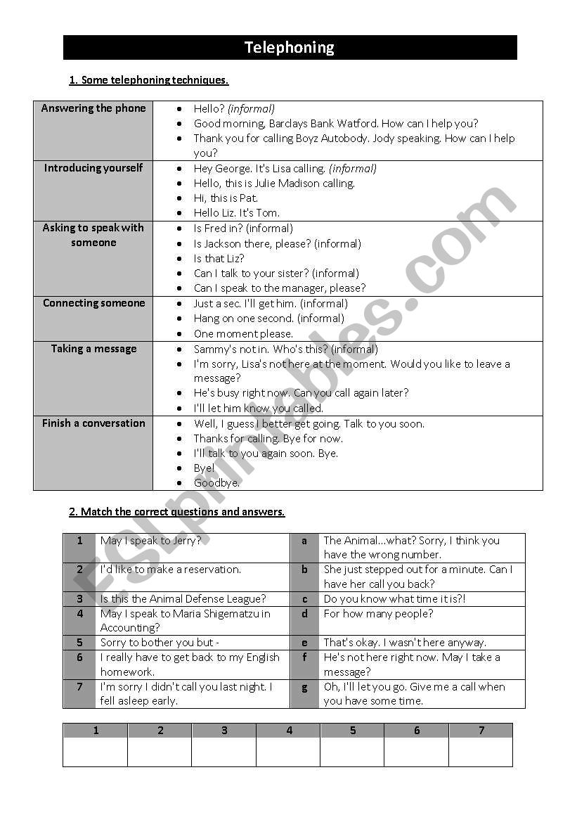 Telephoning worksheet