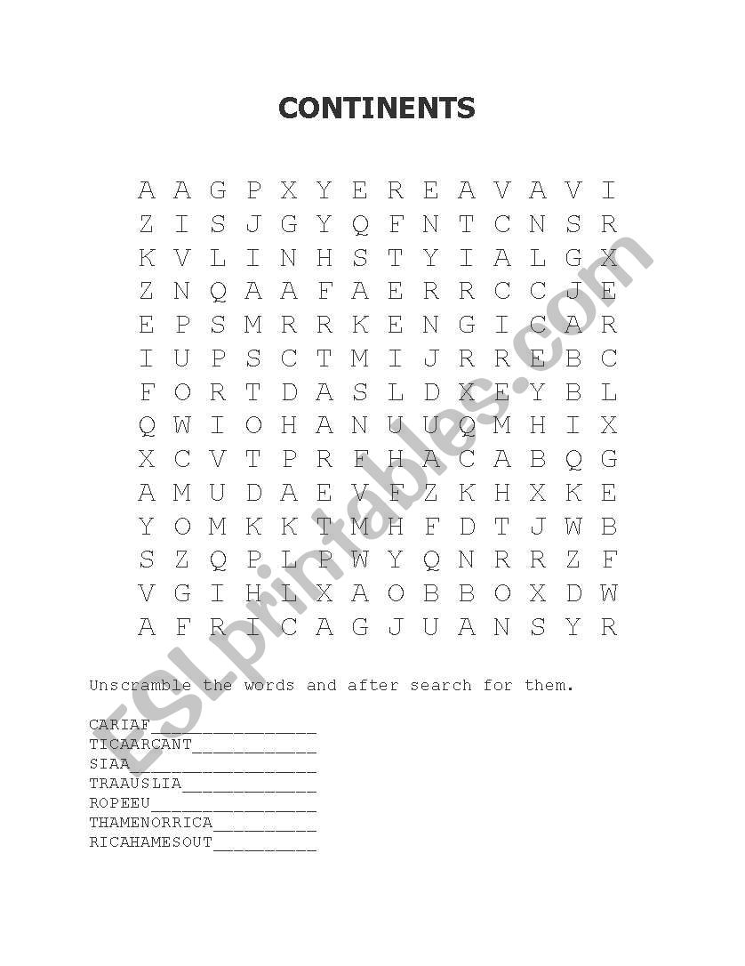 CONTINENTS WORD SEARCH worksheet