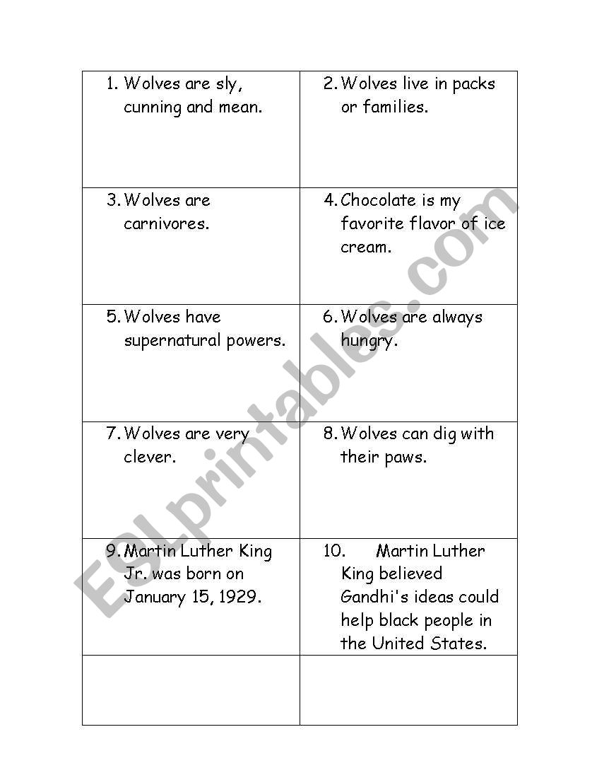 Fact & Opinion game worksheet