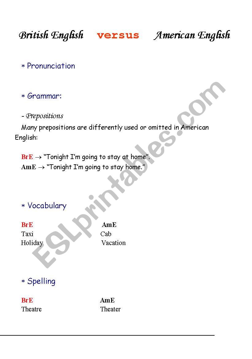 Bre vs. Ame worksheet