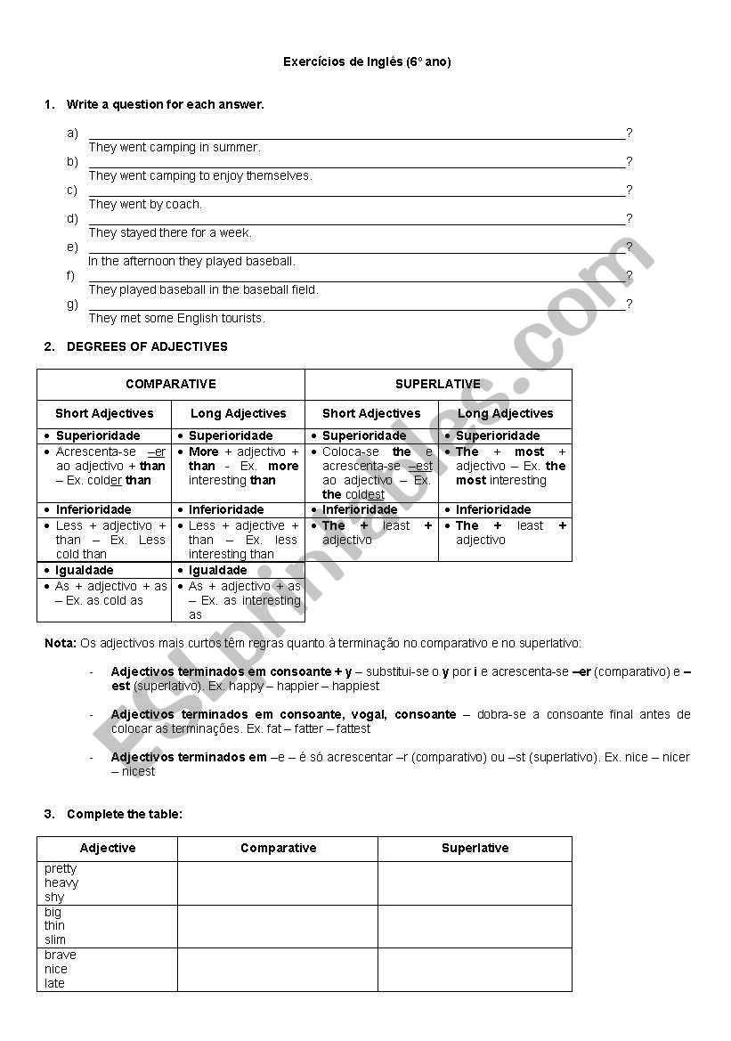 adjective degrees worksheet