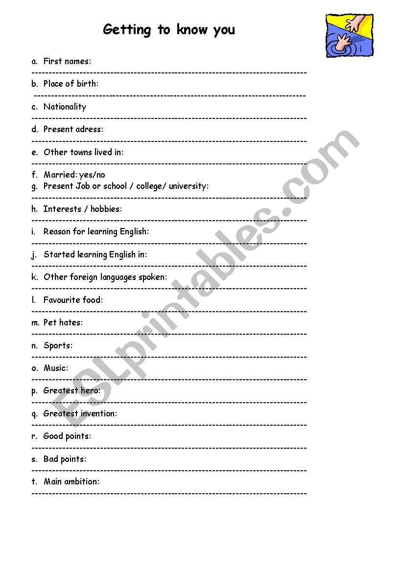 Getting to Know you worksheet