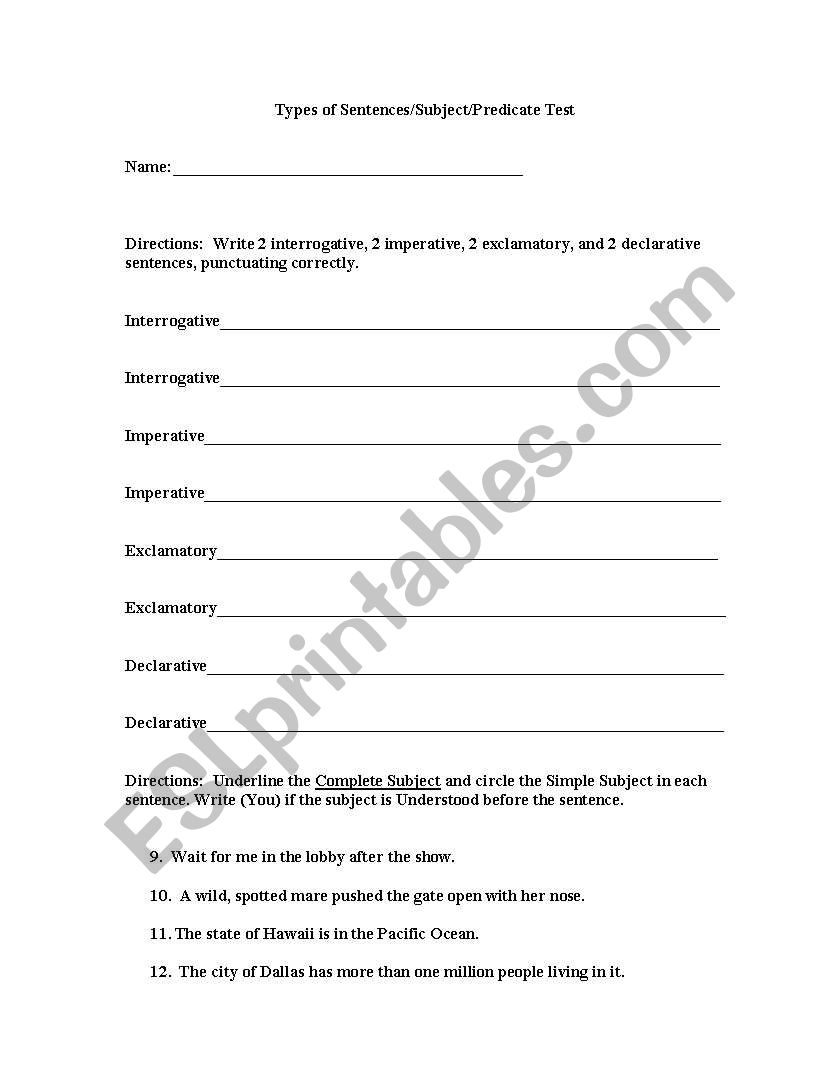 Types of Sentences Test worksheet