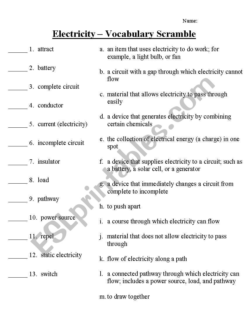 Electricity Vocabulary Scramble