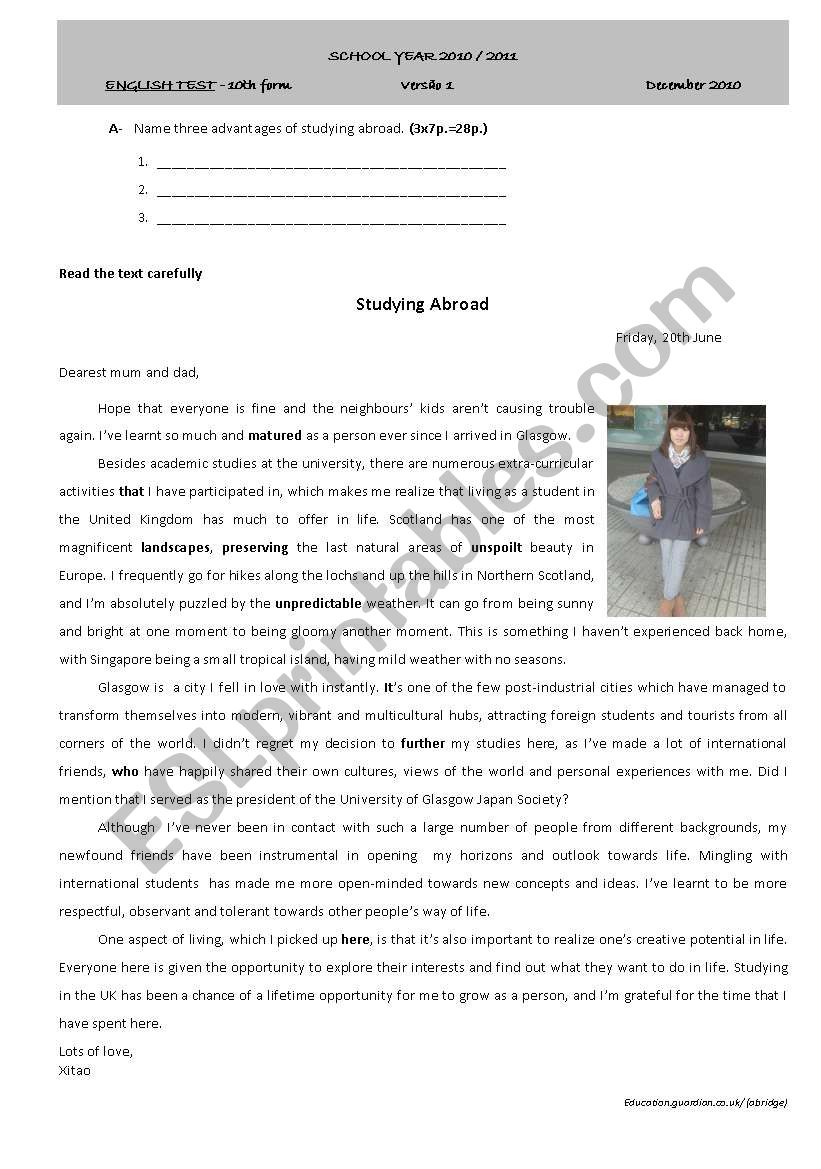 Studying abroad worksheet