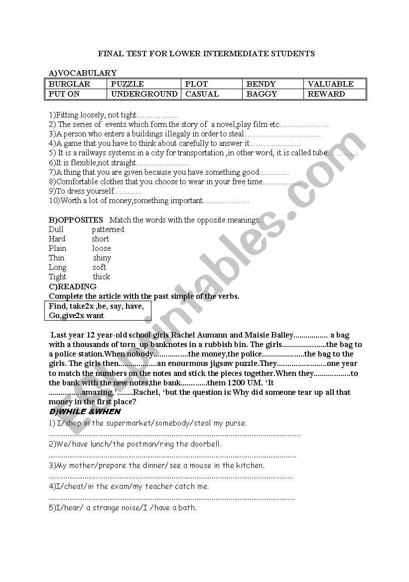 written test for lower intermediate students including used to, enough too,relative clause,past cont. and summary writing...