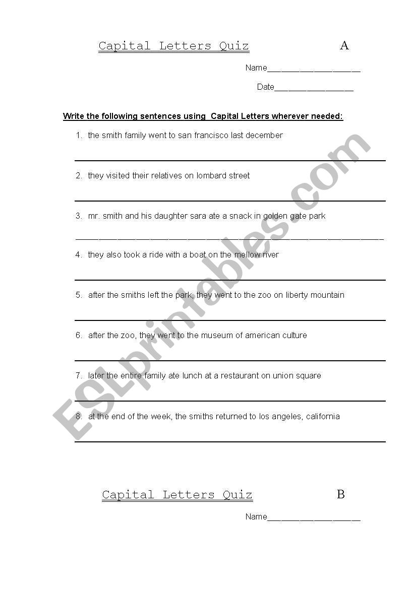 Capital Letters Quiz worksheet