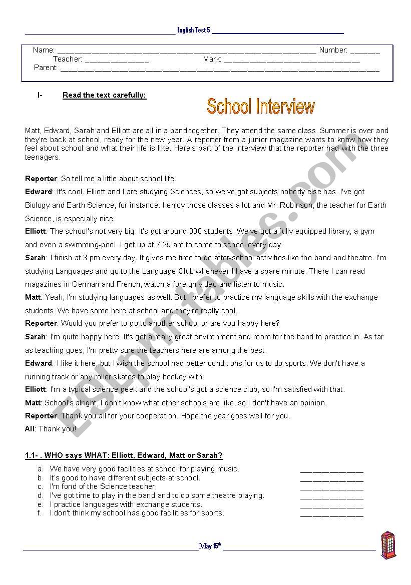 Test - School worksheet