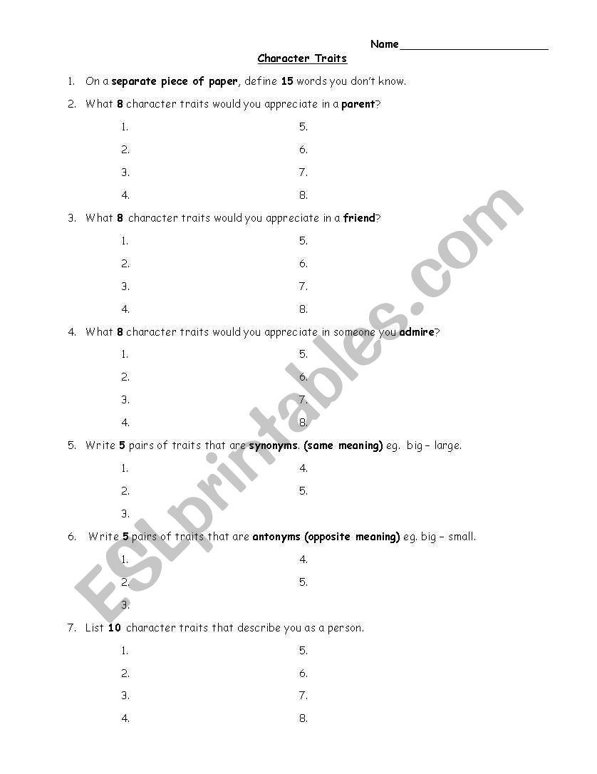 Character Traits worksheet